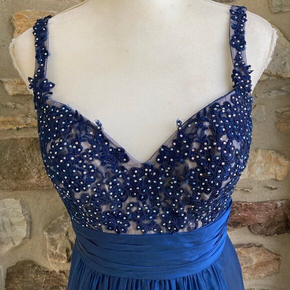 La Femme Cobalt Blue Beaded Lace Chiffon Gown Womens 8 - Picture 4 of 12